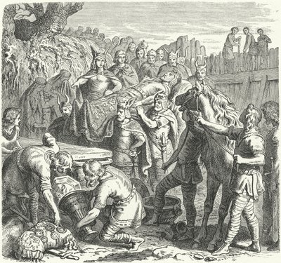 Visigoottien kuninkaan Alarik I:n hautaus Busento-joen uomaan, 410 (kaiverrus) tekijältä Heinrich Leutemann