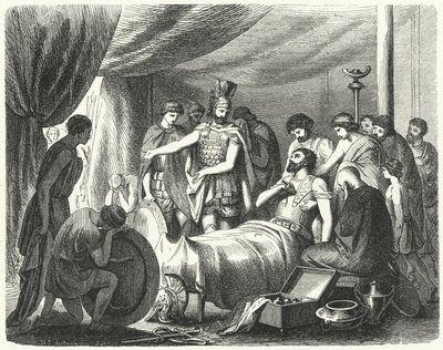 Epaminondaksen kuolema, 362 eKr. (kaiverrus) tekijältä Heinrich Leutemann