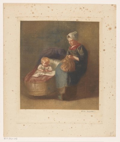 Käsityönainen lapsen vieressä pinnasängyssä tekijältä Heinrich M. Krabbé (signed by artist)