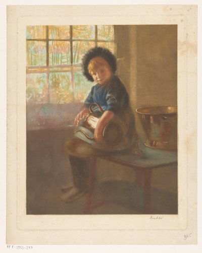 Tyttö kiillottaa kupariruukkua tekijältä Heinrich M. Krabbé (signed by artist)