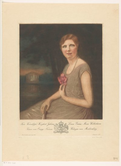Prinsessa Julianan muotokuva Hänen kuninkaallinen korkeutensa Juliana Louise Emma Marie Wilhelmina, Orange Nassaun prinsessa, Mecklenburgin herttuatar (nimi esineessä) tekijältä Heinrich M. Krabbé (signed by artist)