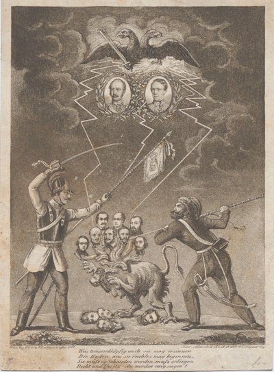 Allegoria Unkarin vallankumouksen tukahduttamisesta vuosina 1849, 1849. tekijältä Heinrich Mansfeld
