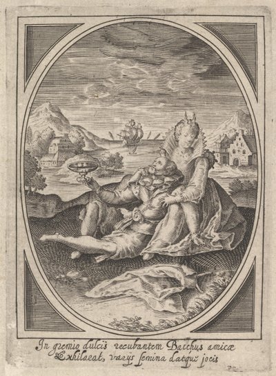 Pari istuu maassa, mies pitelee pikaria ja nojasi..., n. 1585-1621. tekijältä Heinrich Ulrich