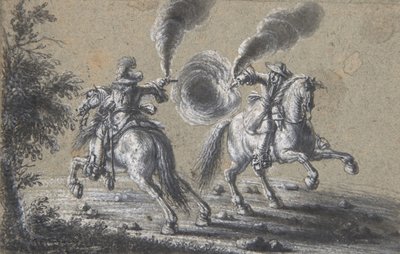 Kaksi ratsumiestä ampuu toisiaan vastaan, 1600-1677. tekijältä Heinrich Werdmuller