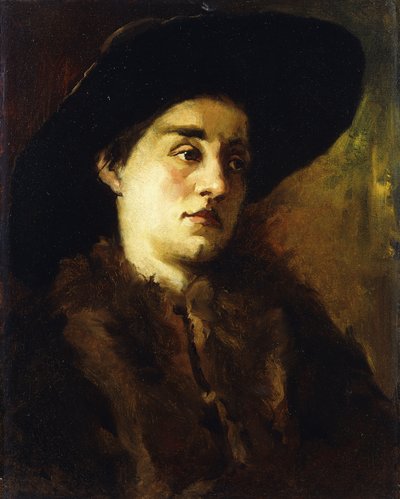 Naisen muotokuva, jolla on turkki ja musta hattu, tekijältä Heinrich Wilhelm Truebner