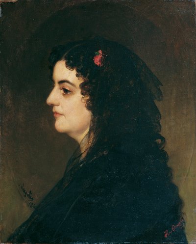 Nainen profiililla hunnulla ja neilikalla tekijältä Heinrich von Angeli