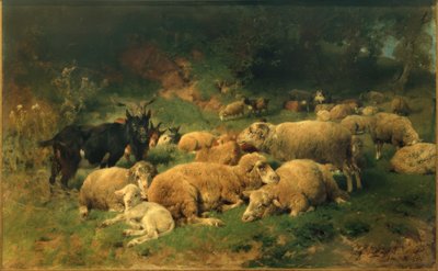 Lepäävät lampaat metsän reunassa tekijältä Heinrich von Zügel