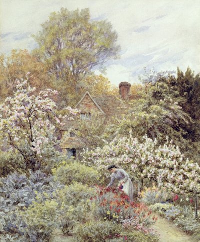Puutarha keväällä (akvarelli paperille) tekijältä Helen Allingham