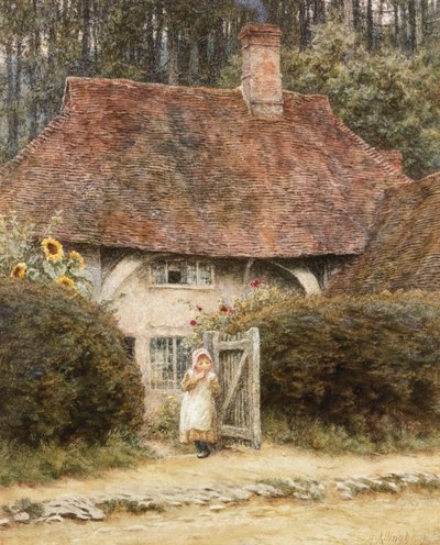 Mökin portilla (akvarelli raapimalla paperille) tekijältä Helen Allingham