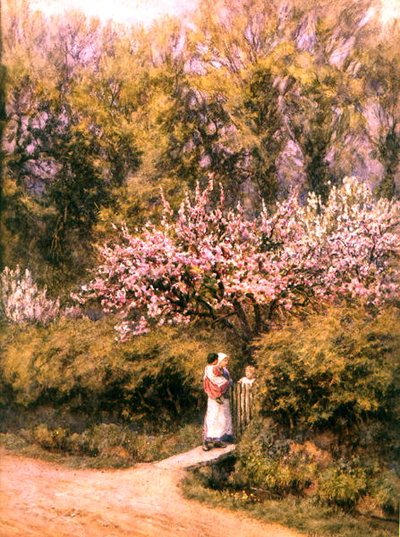 Mökin portilla - Kukkien aika (akvarelli paperille) tekijältä Helen Allingham
