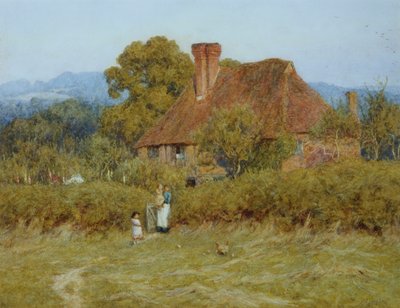 Mökki Broadham Greenissä, Surreyssa, Sunset Lightissa tekijältä Helen Allingham