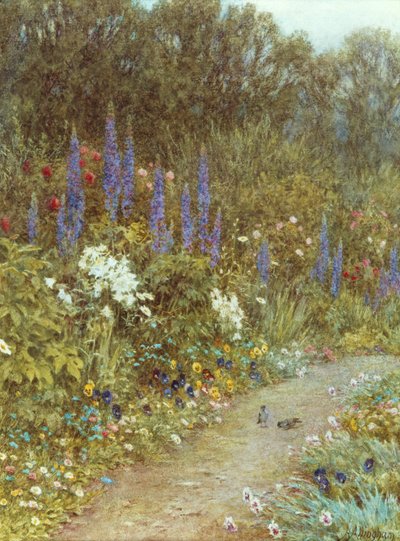 Puutarha mökin ympärillä (akvarelli) tekijältä Helen Allingham