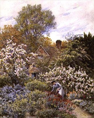 Puutarha keväällä (akvarelli) tekijältä Helen Allingham