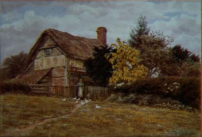 Laburnum Cottage: nainen ruokkii ankkoja (akvarelli) tekijältä Helen Allingham