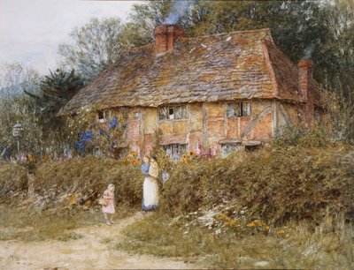 Old Surrey Cottage (vesiväri raapimalla) tekijältä Helen Allingham