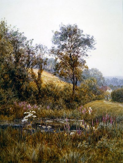Kukkien poimiminen lammen rannalla (akvarelli ja raapiminen paperille) tekijältä Helen Allingham