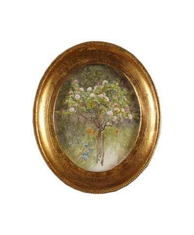 Ruusupensas ja iirikset (akvarelli paperille) tekijältä Helen Allingham