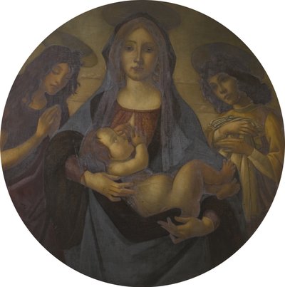 Neitsyt ja lapsi Pyhän Johanneksen ja enkelin kanssa (Botticellin mukaan), 1800-1900-luvun loppu tekijältä Helen d.1937 Coombe