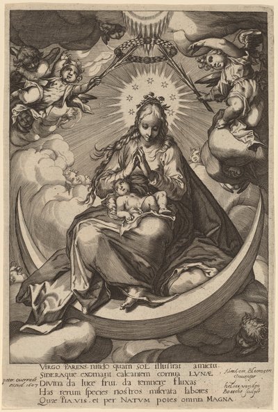 Neitsyt ja lapsi puolikuussa tekijältä Helias van den Bossche after Abraham Bloemaert