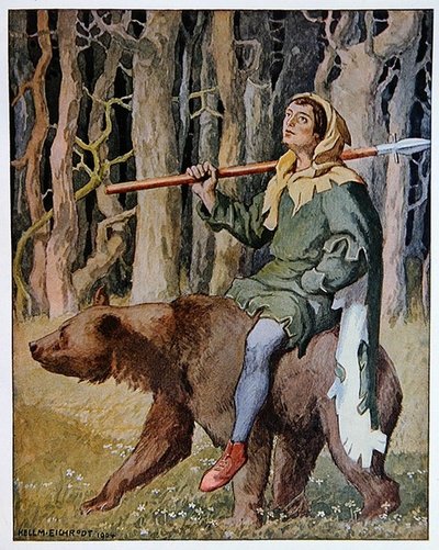 "Karhu käskee metsästäjän istumaan selällään", kuvitus "Nouveaux Contes Allemandsista", julkaistu Berliinissä tekijältä Hellmut (after) Eichrodt