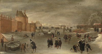 Luistelijat, kolf-pelaajat ja kelkat jäätyneellä joella lähellä St. Janspoortin kaupungin porttia, taustalla Kruispoort ja takana Pink mylly, Haarlem (öljy paneelissa) tekijältä Hendrick Avercamp (studio of)