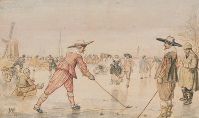 Talvinen kohtaus, jossa kaksi herrasmiestä pelaa Colfia tekijältä Hendrick Avercamp