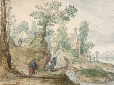 Metsäinen jokimaisema kirkoineen ja hahmoineen, n. 1613. tekijältä Hendrick Avercamp