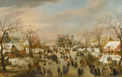 Talvinen panoraamamaisema, jossa on lukuisia hahmoja jäätyneen joen rannalla. tekijältä Hendrick Avercamp