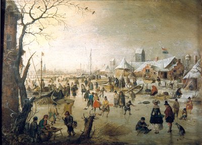 Hollanti: Talvimaisema luistelijoiden kanssa Kohtaus jäällä tekijältä Hendrick Avercamp