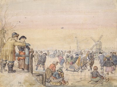 Nautitaan jäästä, 1630 (kynä ja wc paperilla) tekijältä Hendrick Avercamp