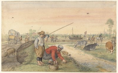 Maisema kahden ankeriaankalastajan kanssa ojan varrella tekijältä Hendrick Avercamp