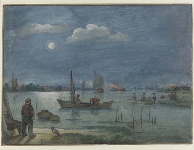Kuutamoinen jokimaisema kalastajien kanssa tekijältä Hendrick Avercamp
