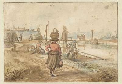 Jokimaisema, jossa nainen kantaa koria päässään, kalastajia ja muita hahmoja lähellä kaupungin muureja tekijältä Hendrick Avercamp