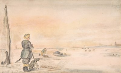 Talvimaisema metsästäjän ja hänen koiransa kanssa, n.d.. tekijältä Hendrick Avercamp