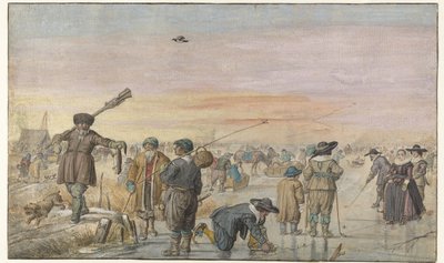 Talvimaisema jäällä, jossa metsästäjä näyttää saukkoa tekijältä Hendrick Avercamp