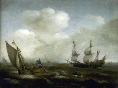 Hollantilainen laiva ja kalastusvene tuulessa tekijältä Hendrick Cornelisz Vroom