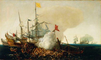 Espanjalaiset sotilaat, jotka hyökkäävät barbaarikorsaarien kimppuun. tekijältä Hendrick Cornelisz Vroom