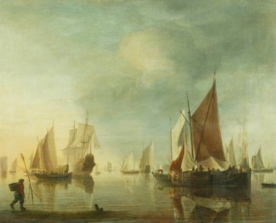 Laivaus ankkurissa offshoressa tyynellä merellä; iltavalo, n. 1650-60 (öljy paneelissa) tekijältä Hendrick Dubbels