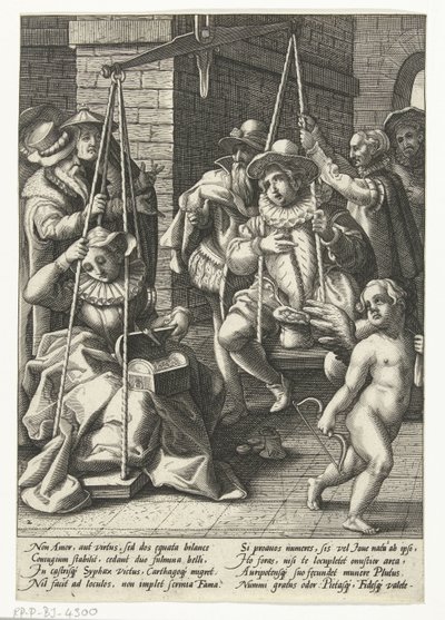 Avioliittoasteikot Raha on oikeaa rakkautta Häät mittakaava Sananlaskut Karel van Manderin jälkeen (sarjan nimi) tekijältä Hendrick Goltzius (attributed to workshop of)