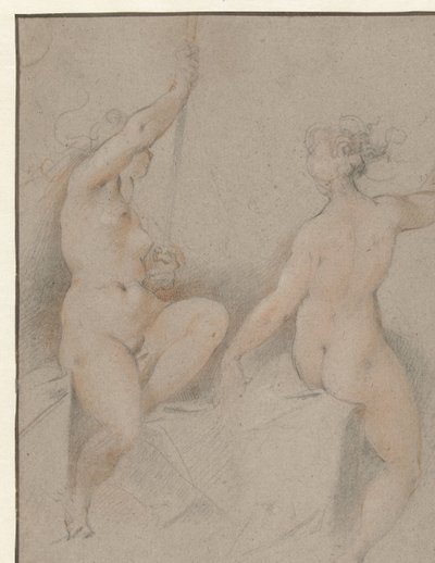 Kaksi istuvat naisen alastomia tekijältä Hendrick Goltzius (follower of)