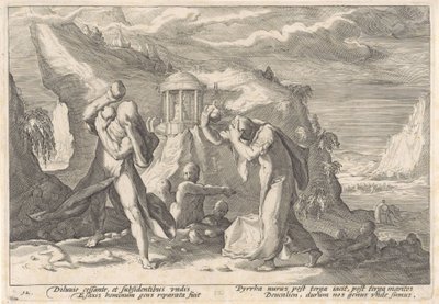 Deucalion ja Pyrrha luovat uuden ihmisrodun Metamorphoses of Ovid (sarjan nimi) tekijältä Hendrick Goltzius (workshop of)