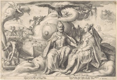 Jupiterin ja Junon välinen keskustelu Metamorphoses of Ovid (sarjan nimi) tekijältä Hendrick Goltzius (workshop of)