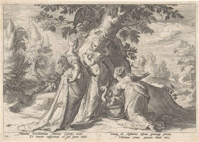 Cecropsin tyttäret avaavat Minervan korin Metamorphoses of Ovid (sarjan nimi) tekijältä Hendrick Goltzius (workshop of)