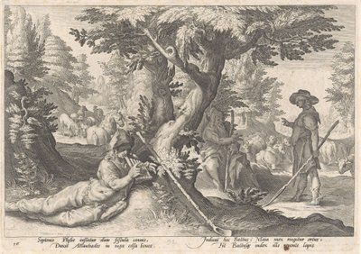 Merkurius muuttaa Battuksen kiveksi Metamorphoses of Ovid (sarjan nimi) tekijältä Hendrick Goltzius (workshop of)