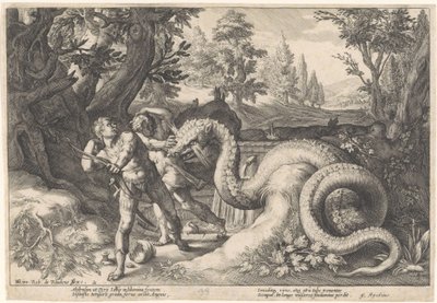Lohikäärmeen nielaimia Cadmuksen seuralaisia Metamorphoses of Ovid (sarjan nimi) tekijältä Hendrick Goltzius (workshop of)