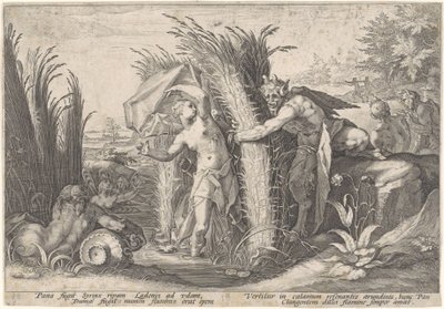 Pan en Syrigs Muuntunut van Ovid (sarjan nimi) tekijältä Hendrick Goltzius (workshop of)