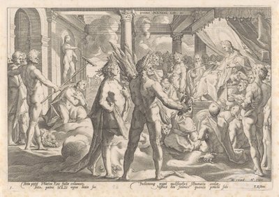 Phaëthon kysyy Apollolta, voiko tämä ajaa vaunuissaan Metamorphoses of Ovid (sarjan nimi) tekijältä Hendrick Goltzius (workshop of)