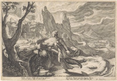 Tämä pakenee leijonaa Metamorphoses of Ovid (sarjan nimi) tekijältä Hendrick Goltzius (workshop of)