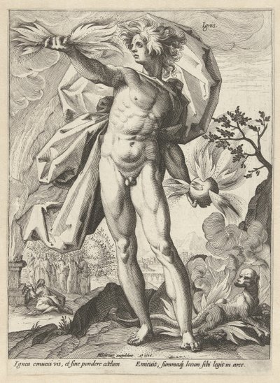 ilotulitus Ignis (otsikko esineessä) The Four Elements (sarjan nimi) tekijältä Hendrick Goltzius (workshop of)