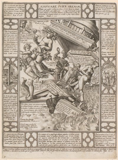 Aedificare super Arenam, sarjan ”Kristillisen uskon allegoriat” sivu 7 tekijältä Hendrick Goltzius